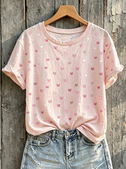 Damen-T-Shirt mit niedlichem Katzenkopf-Art-Print und kurzen Ärmeln