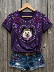 Damen-Kurzarm-T-Shirt mit Blumen-Igel-Kunstdruck