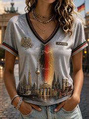 Damen-T-Shirt zum Tag der deutschen Einheit mit V-Ausschnitt und schulterfreiem, kurzärmeligem Design