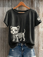 Kurzärmliges T-Shirt mit Hunde-& Pfoten druck für Frauen mit schönen Skeleton Yorkshire Terrier