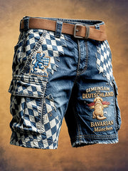 Herren-Shorts in Blau mit deutschem bayerischem Hunde-Patchwork-Print, lässig für die Arbeit