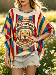Damen-Deutsch-Bayerisches niedliches Hundestreifen-Print lässiges, weites T-Shirt