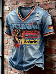 Herren-T-Shirt mit Freizeit-Print im Jeans-Patchwork-Stil und deutscher Flagge sowie Deutschem Schäferhund