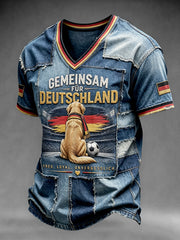 Herren-Casual-T-Shirt im Patchwork-Design mit deutscher Flagge und Kuhrindermuster, V-Ausschnitt