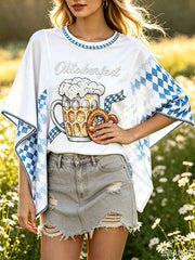 Damenweißes Freizeit-T-Shirt mit bayerischem Bier-Print, lockere Passform