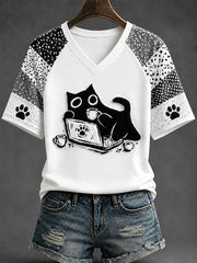 Lustiges schwarzes Katzen-Alltags-T-Shirt für Damen mit Aufdruck