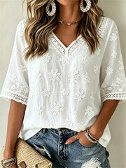Damen-Edel-T-Shirt im Boho-Stil mit Blumenprint und mittellangen Ärmeln aus Leinen