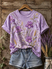 Damenmode lila Blumenmuster bedrucktes T-Shirt