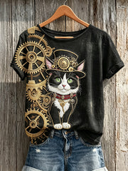 Damen-Vintage-Steampunk-Katzenkunstdruck-T-Shirt mit kurzen Ärmeln