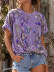 Damenmode Lila T-Shirt mit Blumenmuster