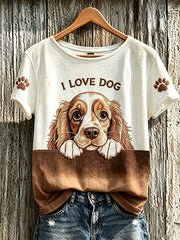 Damen-T-Shirt mit niedlichem Hunde-Muster und kurzen Ärmeln