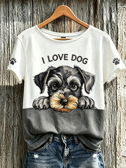 Damen-T-Shirt mit niedlichem Hunde-Muster und kurzen Ärmeln