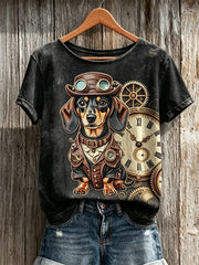 Damen Vintage Steampunk Dackel Hund Kunst Druck kurz ärmel iges T-Shirt