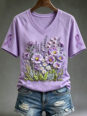 Damen-T-Shirt mit violetter Blumen- und Kolibri-Print-Aufschrift zur Sensibilisierung für Alzheimer, V-Ausschnitt