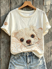 Damen-T-Shirt mit niedlichem Malteser-Welpen-Print und kurzen Ärmeln