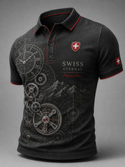 Herren-Poloshirt mit kurzen Ärmeln und Vintage-Uhr-Print