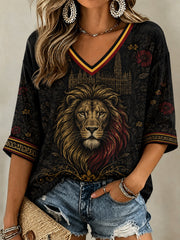 Damen-T-Shirt mit belgischem Print und V-Ausschnitt, lässig