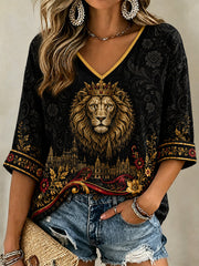 Damen-T-Shirt mit belgischem Print und V-Ausschnitt, lässig
