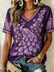 Damen-Edel-Lila-Pfau-Blumen-Glitzerdruck-T-Shirt mit kurzen Ärmeln