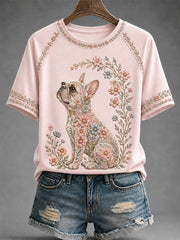 Damen-Blumen-Hunde-Print-lässiges T-Shirt