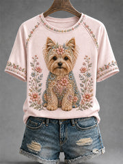 Damen-Freizeit-T-Shirt mit Blumen- und Hundeprint