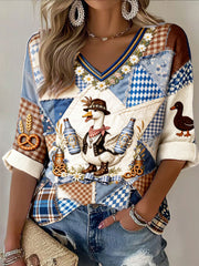 Damen Deutsches Oktoberfest Niedliche Ente Retro Patchwork Print Lässiges T-Shirt mit V-Ausschnitt