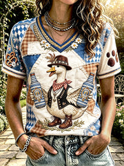 Damen Deutsches Oktoberfest Niedliche Ente Patchwork Print Freizeit T-Shirt mit V-Ausschnitt