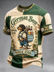 Herren Blau Deutsches Oktoberfest Dackel Retro Patchwork Print Casual T-Shirt