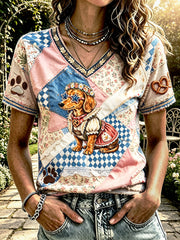Damen rosa deutsches Oktoberfest niedlicher Hund Retro Patchwork Print lässiges T-Shirt mit V-Ausschnitt