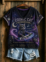 Frauen kosmische Katze Tastatur V-Ausschnitt T-Shirt