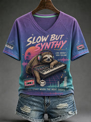 Damen Langsam, aber synth y V-Ausschnitt schulter frei Kurzarm T-Shirt