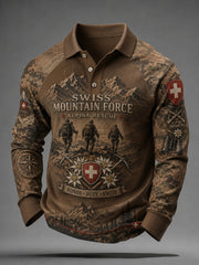 Herren-Vintage-Camouflage-Poloshirt im Militärstil mit Raglanärmeln und Langarm