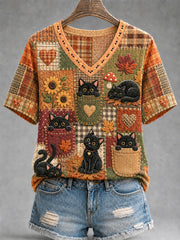 Damen-Herbstsaison niedliches schwarzes Katzen-Print lässiges T-Shirt mit V-Ausschnitt