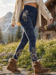 Damen-Leggings mit Kunstprint im österreichischen Stil – florale und schneebedeckte Bergmotive