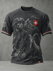 Herren-Vintage-Raglan-T-Shirt mit alpenländischem Militär-Print und kurzen Ärmeln