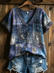 Vintage Tarot Zodiac Fox Art V-Ausschnitt T-Shirt