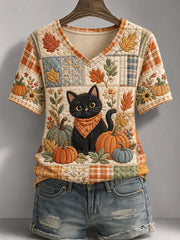 Frauen-Herbstsaison Niedliches Freizeit-T-Shirt mit schwarzer Katzen-Print und V-Ausschnitt