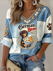 Damen-T-Shirt im Jeans-Optik-Stil mit Hundedruck, lässigem V-Ausschnitt und zum Oktoberfest in Deutschland