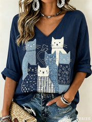 Damen überfüllte Katzen Japanisches Sashiko Kunstdruck Leinen T-Shirt mit mittleren Ärmeln