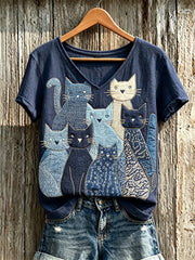 Frauen überfüllte Katzen Japanisches Sashiko Kunstdruck Leinen kurz ärmel iges T-Shirt