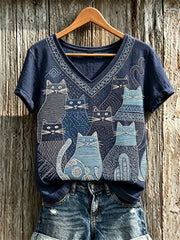 Frauen-T-Shirt aus Leinen mit engem Katzenmuster im japanischen Sashiko-Stil und kurzen Ärmeln