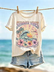 Damen-Urlaubsmode bedrucktes lässiges Kurzarm-T-Shirt