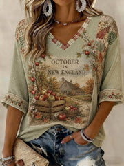 Damen-T-Shirt mit V-Ausschnitt und mittellangen Ärmeln, bedruckt, Oktober in Neuengland
