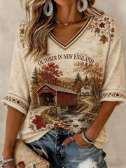 Damen-T-Shirt mit V-Ausschnitt und mittellangen Ärmeln, bedruckt, Oktober in Neuengland