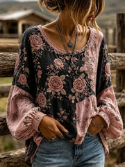 Damenhemd aus Baumwolle und Leinen mit Western- und Blumenmuster