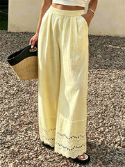 Damen Vintage eingeklemmter Spitzen boden bequeme Hose mit weitem Bein