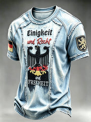 Herren-T-Shirt mit deutscher Flagge, schwarzer Adler, Jeans-Patchwork-Print, lässig