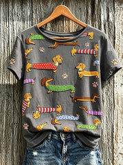 Damen-T-Shirt mit niedlichem Hunde-Muster, lässig, kurzärmlig