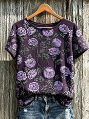 Damen-T-Shirt mit violettem Blumenmuster und kurzen Ärmeln