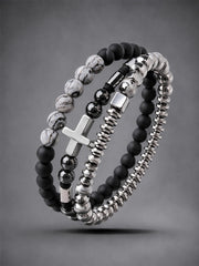Unisex christliches Kreuz schwarzer Gallenstein Vintage Armband Karte Stein elastisches Seil Armband